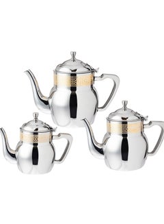 Buy Set of 3 steel teapots with golden decor three different sizes in Saudi Arabia