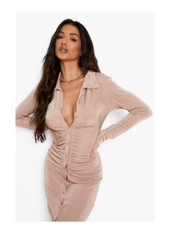 Buy Textured Slinky Ruched Midi Shirt Dress in UAE