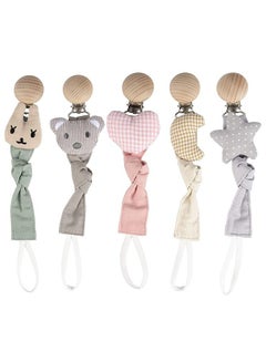 Buy 5-Piece Fabric Pacifier Clips with Lovely Animal Pattern, Wooden Teething Relief Teether Toys for Baby Boys Girls in Saudi Arabia