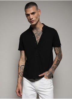 Buy Solid Mandarin Collar Shirt with Short Sleeve in Saudi Arabia