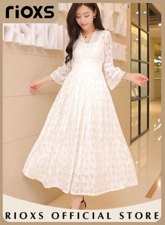 Buy Women's V-neck Lace Slim Maxi Dress Long Flared Sleeve Party Dress Casual Beach Dress Princess Dress in UAE