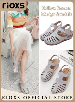 Buy Women's Hollow Roman Wedge Sandals Round Open Toe Sandals Summer Comfortable Buckle Sandals in UAE