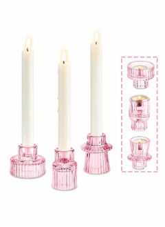 Buy Tea light Candle Holder 2-in-1 Candlestick - Pink Crystal Glass Decorative Candleholder for Taper/Tea light Candles, Home Decor Dinning Table Centerpiece for Wedding Party, Set of 3 in Saudi Arabia