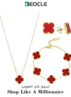 Buy Four-leaf Lucky Clover Jewellery Set for Women 18K Gold-Plated Four Leaf Clover Necklace Earrings Bracelet Hypoallergenic Jewellery Set Women Bracelet Enamel Jewellery Set in UAE