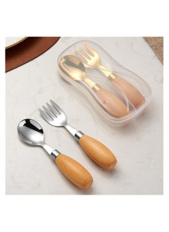 اشتري Kid Utensil Set, Kids Silverware Baby Forks and Spoons Set with Round Handle, Portable Travel Cutlery Set, Wooden Stainless Steel Toddler Safe Fork Spoon (Golden+Silver, 4 Pieces) في الامارات