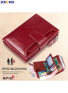 Buy Fashionable 100% Genuine Leather Foldable Short Ladies Wallet Large Capacity Multi-Card Anti-theft Swipe Card Bag RFID Shielding Multi-layer Zippered Coin Purse Wine Red in Saudi Arabia