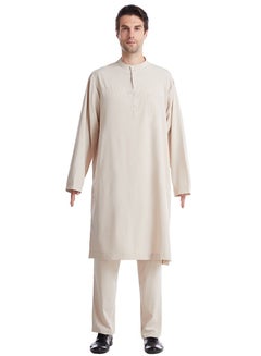 Buy Men's Solid Color Round Neck Long Sleeve Abaya Robe Set Islamic Arabic Casual Kaftan Set Beige in UAE