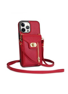 Buy Crossbody Wallet Case for iPhone 15 Pro Max Back Cover with RFID Blocking Card Slot Phone Holder, Magnetic Flip Purse Case Protector PU Leather Zipper Handbag with Lanyard Strap in UAE