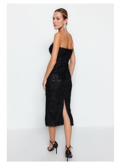 Buy Black Fringed Sequin Elegant Evening Dress TPRAW24EL00277 in Egypt