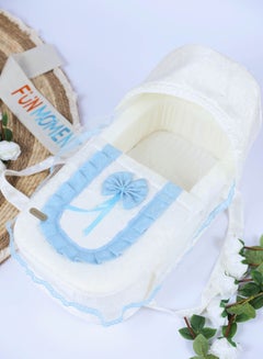 Buy Portable baby bed with thick padded seat, high-quality materials, floral fabric, white/blue color, 62 x 35 x 18 cm in UAE