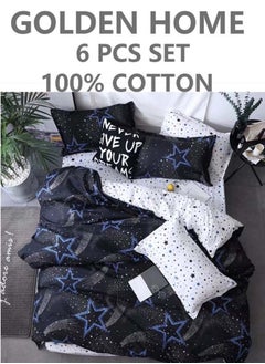 Buy 6-Piece Single Size Cotton Printed Combination Duvet Cover Set Includes 1xFitted Bedsheet 120x200+30cm, 1xDuvet/Bed Cover 160x210 cm, 2xPillowcase 55x80cm, 2xCushion Case 45x70cm Multicolour in UAE