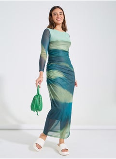 Buy Ruched Tie & Dye Long Sleeves Bodycon Maxi Dress in Saudi Arabia