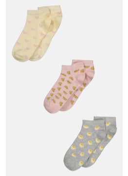 Buy Kids Girl 3 Pair Ankle Socks, Grey/Pink/Yellow in UAE