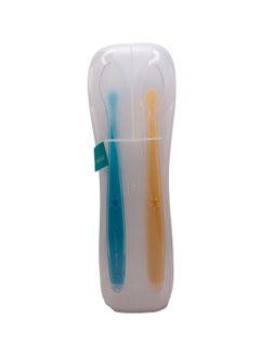 Buy Silicone Spoon Set with Travel Case, Set of 2, Suitable for 9M+ - Yellow & Blue in UAE