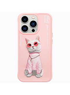Buy Apple iPhone 13 Pro Max Pink Cat With Original Glasses & Original Chain 3D Embroidery Case in UAE