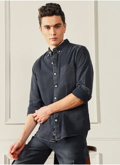 Buy Button-Down Collar Denim Look Casual Shirt in Saudi Arabia