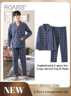 Buy 2-Piece Pajama Set Men's Cotton Long Sleeve T-Shirt Long Pants Sets Checkered Print Pattern Sleepwear Nightgown Male Loose Spring Summer Thin Loungewear Home Clothes in UAE