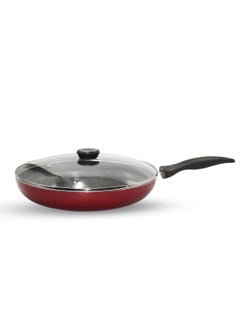 Buy Nonstick Flat Fry Pan with lid Red/Black 24CM in Saudi Arabia
