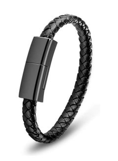 Buy USB Charging Bracelet Cable Fashion Portable Braided Leather Wrist Data Charger Cord For Iphone Black in UAE