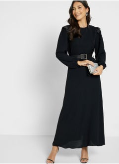 Buy Embellished Trim Belted Dress in UAE