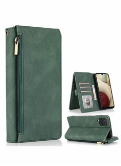 Buy Case for Samsung Galaxy A12/M12 Wallet, Zipper Leather Flip Cover Card Holder Cell Phone Cases (Green) in UAE