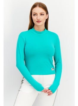 Buy Women Sportswear Fit High Neck Long Sleeve Cropped T-Shirt, Teal in UAE