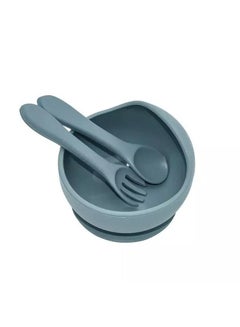 Buy Little Mocha Silicone Baby Moon Suction Bowl with spoon and Fork Bluish Grey in UAE