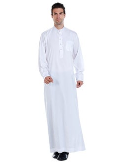 Buy Mens Solid Color Muslim Clothing Long Sleeve Kaftan Robe With Pockets And Button Islamic Arabic Abaya Clothes White in Saudi Arabia