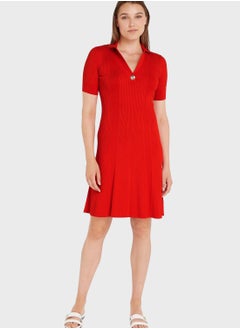 Buy V-Neck Ribbed Dress in UAE