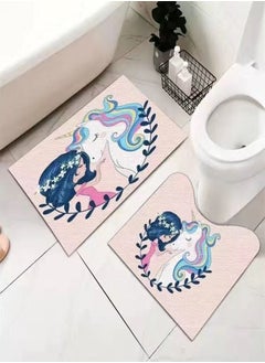 Buy 2 Pieces Modern Style Unicorn Print Design Luxury Water Absorbent Non-slip Bath Mat in UAE