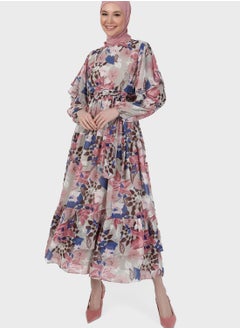 Buy Balloon Sleeve Floral Print Tiered Dress in UAE