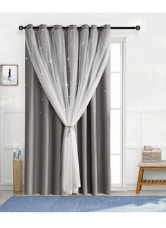 اشتري Hollowed Out Star Shading Drape Thermal Insulated Window Curtains Grey/White 200x270cm في الامارات