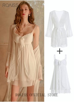 Buy 2 Piece Nightgown Set Women's Sweet Halter Nightdress Lace Lingerie Sleepwear Home Dress Set Romantic Elegant Pajamas Ladies Spring Autumn Robe Loungewear in Saudi Arabia