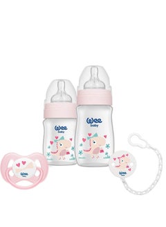 Buy Wee Baby Newborn Baby Bottle Gift Set, Pacifier, Pacifier Chain, Natural Nipple for Breastfeeding, Anti-Colic, BPA Free, Pink, 4-Piece Girls in Saudi Arabia