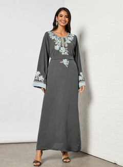 Buy Jalabiya With Floral Embroidery In Long Sleeves With Belt in Saudi Arabia