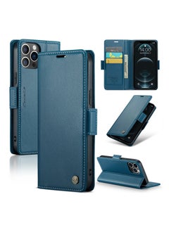 Buy Flip Wallet Case For Apple iPhone 12 Pro Max, [RFID Blocking] PU Leather Wallet Flip Folio Case with Card Holder Kickstand Shockproof Phone Cover (Blue) in UAE
