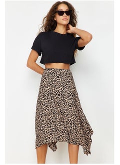 Buy Brown Leopard Patterned Ruffle Asymmetrical Midi Stretch Knitted Skirt TWOAW20ET0440 in Egypt