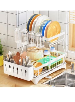 Buy Dish Drying Rack, 2-Tier Dish Rack for Kitchen Counter, Dish Drainer Organizer with Utensil Holder, Metal Dish Drying Rack with Drain Board in UAE