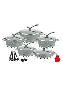 اشتري 17-Pieces Granite Cookware Set Includes Casserole With Lid 24cm, Casserole With Lid 28cm, Casserole With Lid 32cm, Casserole With Lid 28cm, Shallow Casserole 7xCooking Tools Grey/Clear 32cm في الامارات