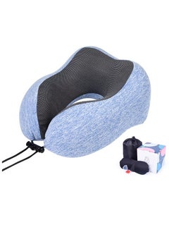 اشتري Luxury Memory Foam Travel Pillow with Ear Plugs, Eye Mask and Mesh Bag Blue 28x27x14cm في الامارات