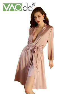 Buy Women's Bathrobe Light Luxury Ice Silk Satin Cooling Nightgown Wrapping Design Breathable Skin-friendly Bathrobe Pink in UAE