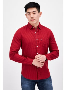 Buy Men Regular Fit Stripe Long Sleeves Casual Shirt, Red in Saudi Arabia