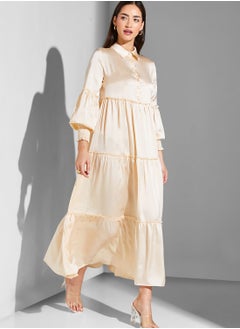 Buy Ruched Sleeve Button Detail Dress in UAE