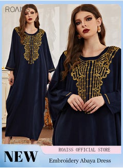 اشتري Women'S Muslim Bat Sleeve Dress Wide And Comfortable Classic Round Neck Long Sleeves Gold Thread Embroidery Fashion Elegant Dress في السعودية