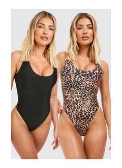 اشتري 2 Pack Print Plain Scoop Neck Swimsuit في الامارات