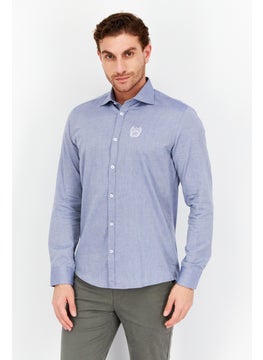 Buy Men Regular Fit Brand Logo Long Sleeves Plain Casual Shirt, Blue in Saudi Arabia