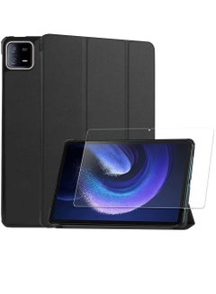 Buy Premium PU Ultra Thin Smart Cover With Tempered Glass Screen Protector Compatible With Xiaomi Pad 6/ Xiaomi Pad 6 Pro 2023 Black in UAE