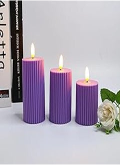 Buy 3 Pack Cylindrical Flameless LED Candles, Battery Operated Real Wax Candles, LED Flame Moving Pillar, Real Wax with Hollow Edge (Purple) in Egypt