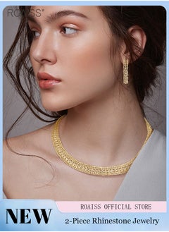 Buy 2 Pieces Of Women'S Jewelry Set Round Gold Full Diamond Necklace Shiny Rectangular Earrings in UAE