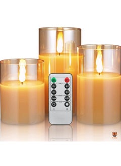 Buy LED Flameless Candles – Battery Operated Real Pillar Wax with Flickering Moving Wick Effect, Gold Halloween Glass Candle Set with Remote Control & Cycling Timer, 3-Pack (10cm, 12.5cm, 15cm) in UAE